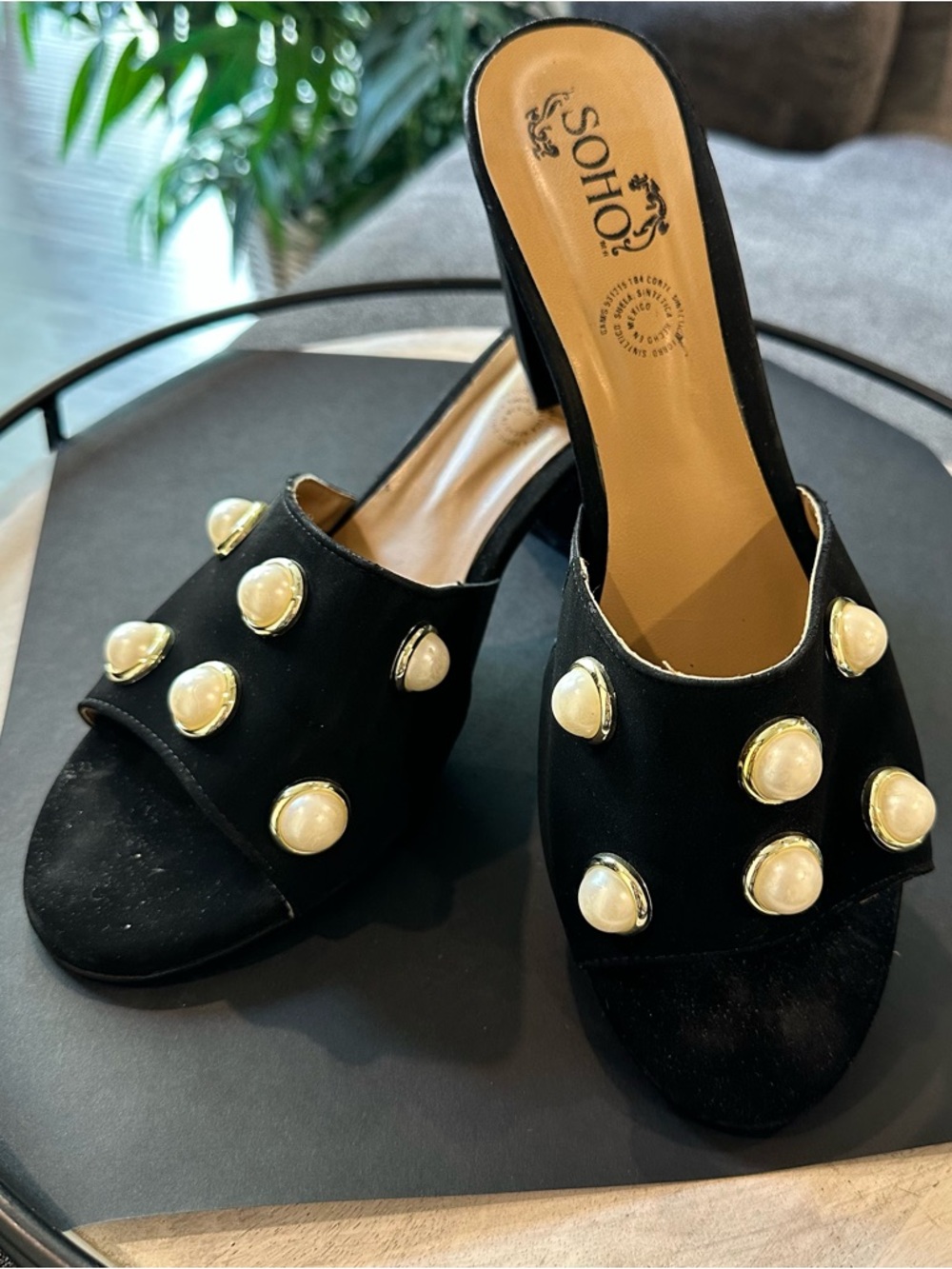 Soho Black velvet and Tan Slide Sandals size 9 3” heels